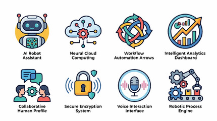 Fototapeta premium Colorful icons representing modern technology and automation concepts.