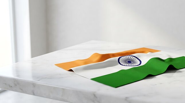 Indian flag draped on a white surface with ashoka chakra emblem