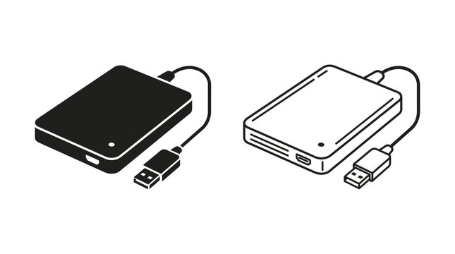 External Hard Drive Silhouettes With Usb Connector Black And White