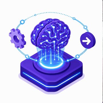 Close-up isometric AI brain hub vector illustration for automation badge