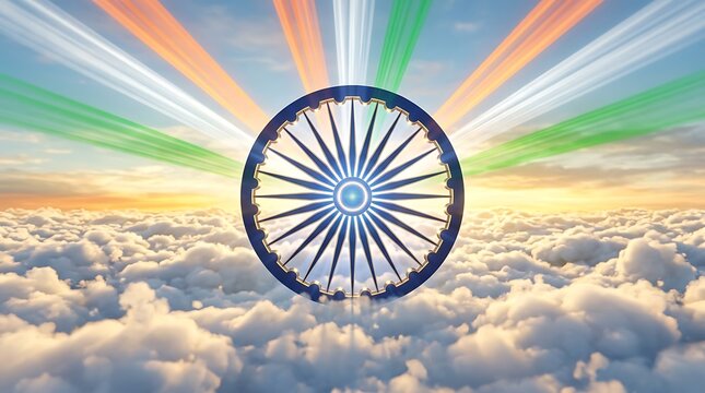 Traditional indian ashoka chakra wheel symbol hanging against colorful gradient sky background
