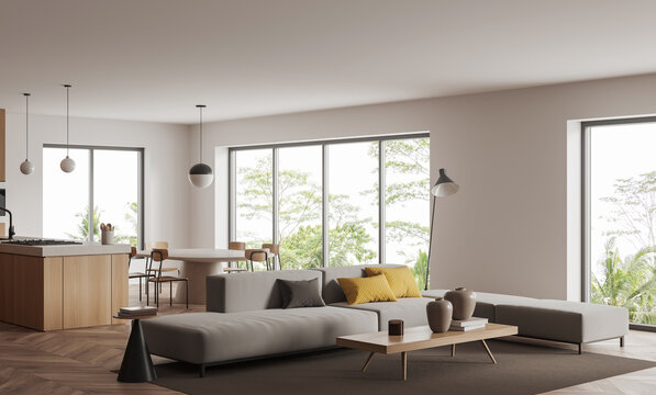 Bright modern interior design living room with minimalist furniture in smooth realistic style on a soft neutral background, concept of comfort, 3D Rendering