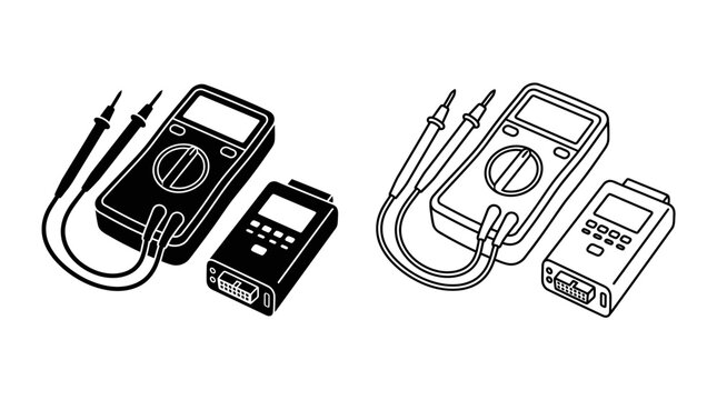 Digital Multimeters With Probes Black And White Line Art