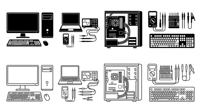 Computer equipment line art collection black and white silhouettes on white background