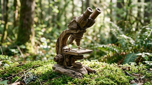 Intricately carved wooden microscope resting on lush green moss in a forest for surreal science art and fantasy craftsmanship concepts
