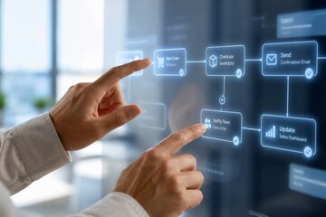 Obraz premium Hands touching translucent screen with glowing automated business flowchart