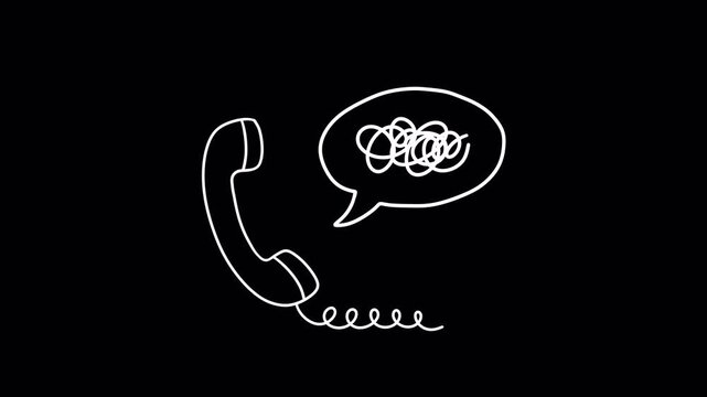 Hand-drawn telephone with scribble speech bubble animation on transparent background, alpha channel, loop. For difficult customer service, communication breakdown, or stress concepts.