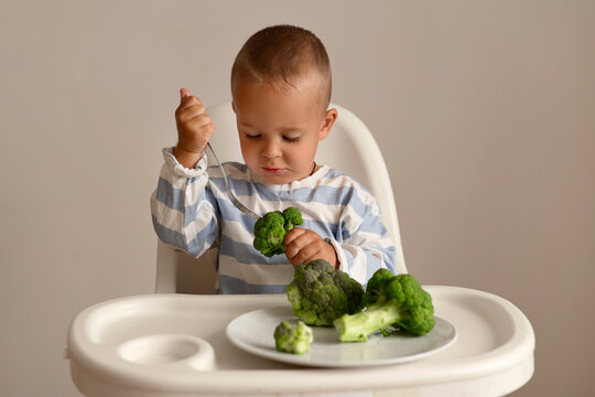 A young child sits in a high chair looking at broccoli on a plate. The child holds a spoon and examines the vegetable closely, showing curiosity