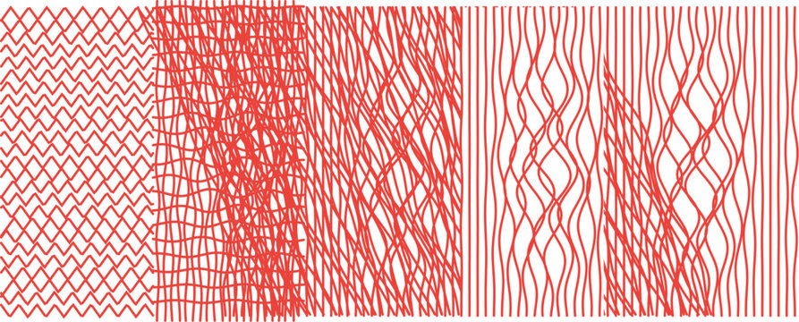 Abstract red line patterns, geometric vector textures with wavy and zigzag strokes, minimalist linear background set for modern graphic design