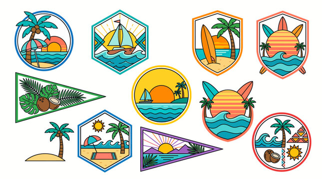 Set of creative summer vacations and beaches emblems and patch designs featuring vibrant tropical landscapes and surf culture elements