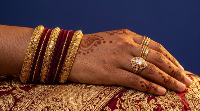 South Asian woman hand with traditional mehndi henna velvet bangles and polki diamond ring