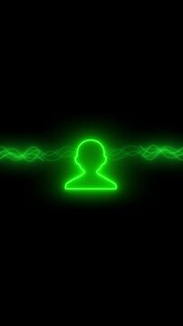 Green neon human head silhouette with sound waves. Voice assistant head symbol for smart speech recognition. Digital head animation for telecommunication tech.