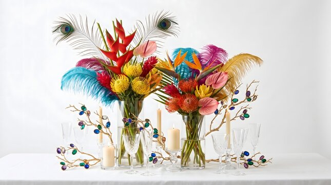 Elegant floral arrangement with vibrant tropical flowers peacock feathers and decorative candles on a white surface