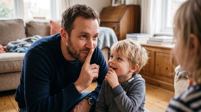 Father shares a secret with his young son while sitting on the floor in a cozy living room