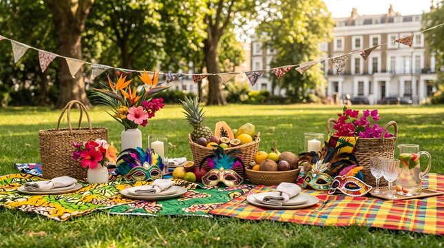 Festive carnival picnic with tropical fruits and colorful decorations in a lush green park setting
