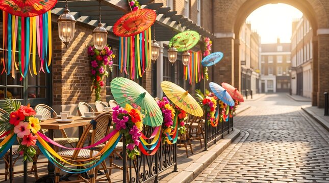 Festive outdoor cafe decorated with colorful paper umbrellas and vibrant ribbons in a charming European alleyway