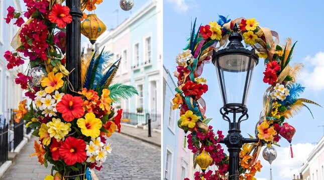 Festive street lamp posts decorated with vibrant tropical flowers and colorful decorations for a joyful celebration