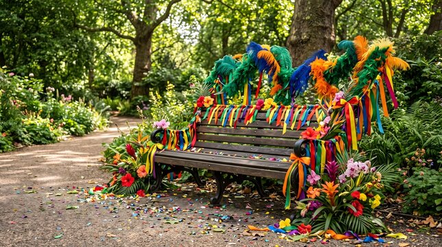 Festive park bench decorated with colorful ribbons and flowers amidst lush green foliage and a winding path