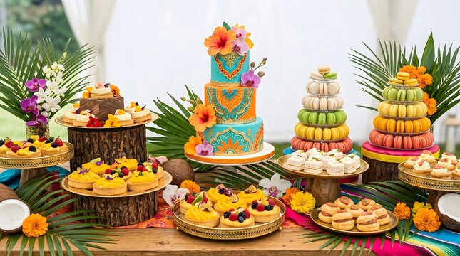 Luxurious tropical wedding cake with vibrant floral decorations and assorted desserts on a festive table setting