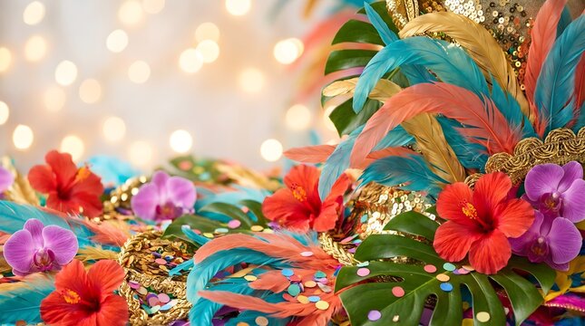 Vibrant carnival headdress with tropical flowers and feathers against a blurred bokeh light background