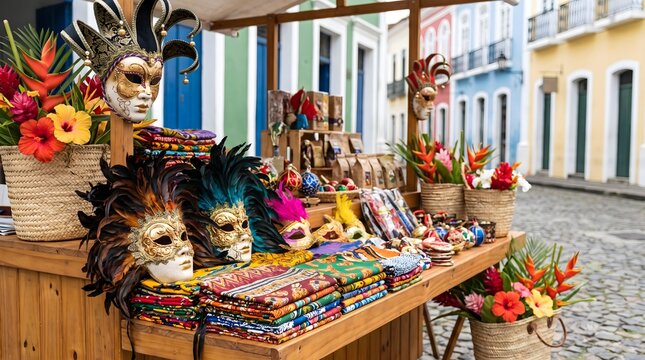 Colorful carnival masks and textiles displayed on a market stall in a historic colonial street scene