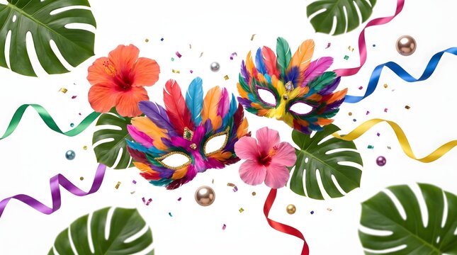 Colorful carnival masks with tropical monstera leaves and hibiscus flowers on a white background for festive celebrations