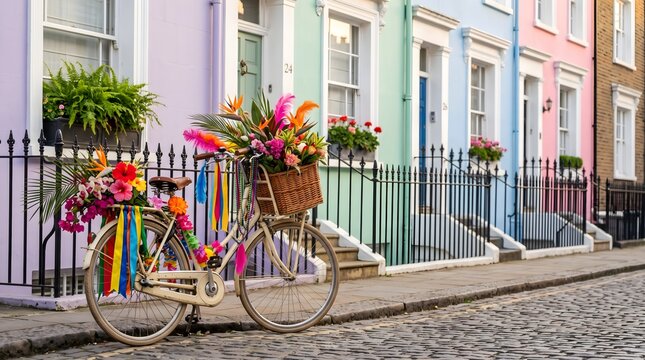 Colorful row houses and a decorated bicycle with flowers in a charming London neighborhood scene
