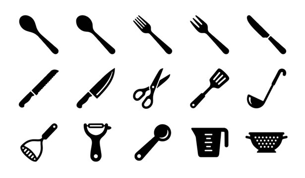 Cutlery and Cooking Tools Black Silhouette Pack with Kitchen Utensils Pots and Chef Equipment Vector Collection