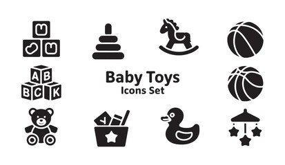 Obraz premium Baby toys icons set featuring teddy bear rocking horse blocks and duck in flat black style.
