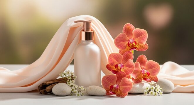 Luxury Skincare Lotion Bottle with Coral Orchid Flowers and Silk Draped Fabric
