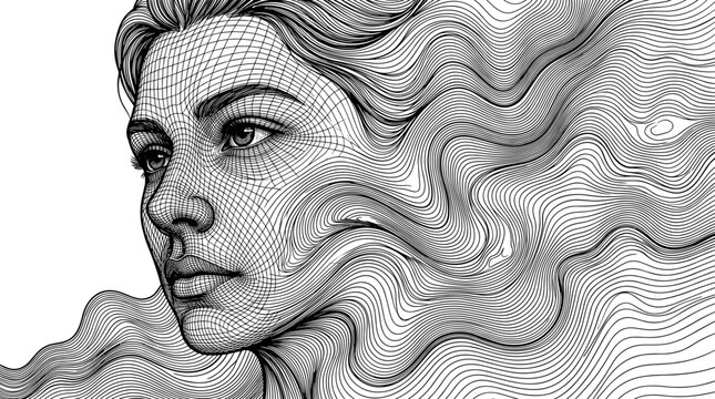 Abstract line art portrait of a beautiful woman with flowing wavy hair created with clean digital lines