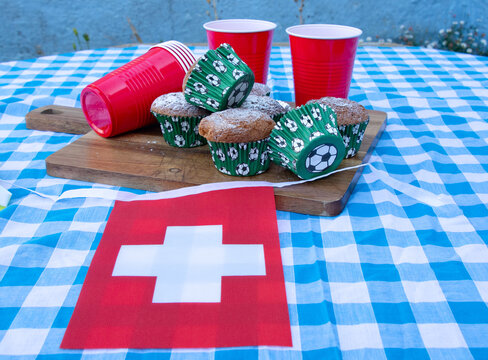 Switzerland, Swiss, Football, Soccer, Party, Celebration, Fans, Supporters, Matchday, Bunting, Cakes, Tournament, Championship, TeamSpirit, NationalPride, Red, White, Decorations, Gathering, Family, F