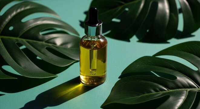 Organic Serum Dropper Bottle with Monstera Leaves and Harsh Shadows