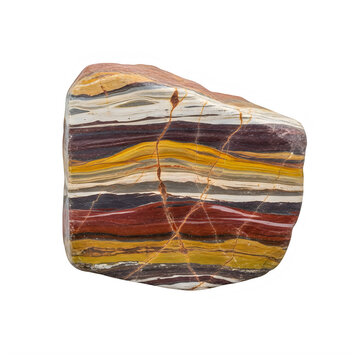 Polished banded jasper gemstone specimen isolated on transparent background with white minerals isolated