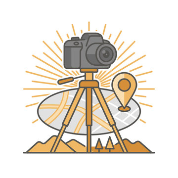 Camera on tripod with map.