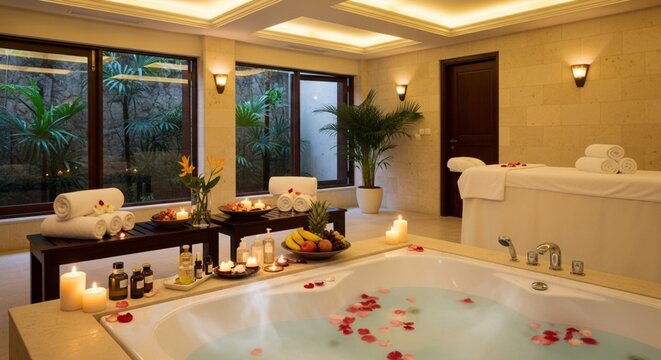 Luxury Spa Room Interior with Jacuzzi Hot Tub and Massage Table