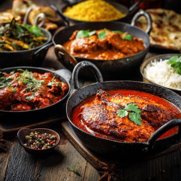 Indian food variety served in metal bowls on a dark wooden table. Assorted spicy chicken curry dishes with basmati rice and fresh cilantro. Traditional South Asian culinary concept.