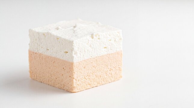 A single rectangular block of two-toned textured foam with a white top layer and a light peach bottom layer resting on a plain white surface background.