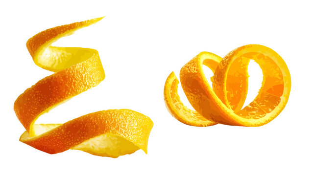 Orange Peel Spiral with Bright Textured Citrus Slices Isolated on Black Background for Food Design and Garnish Concept