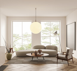 Fototapeta premium Minimalist interior design living room with modern furniture shown in soft style on a bright windowed background, concept of calm elegance, 3D Rendering