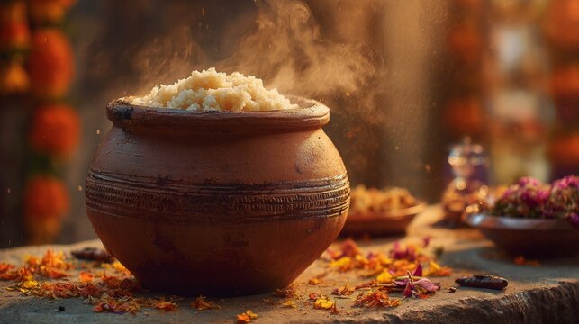 Hot steaming rice in a traditional clay pot. Authentic meal prepared in rustic earthen cookware. Concept of Indian culture, home cooking, festival food and healthy balanced diet.