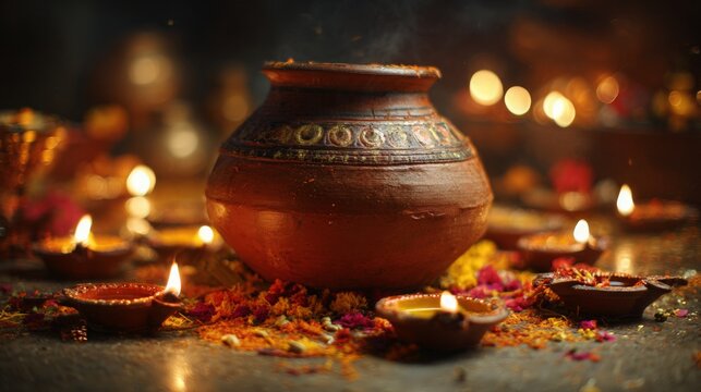 Clay pot with burning oil lamp diya for Diwali celebration. Traditional Indian festival light decoration. Spiritual ritual background with glowing candlelight and flower petal offering.