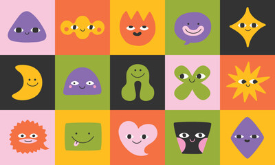 Fototapeta premium Geometric abstract comic faces with different emotions. Cute doodle faces, head, abstract smiling emoji, userpic. Funny faces for business team avatar. Circle, flower, heart, square banners.