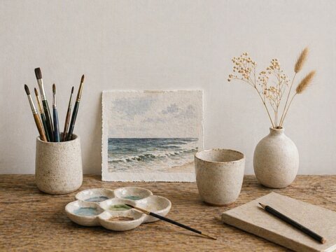 Watercolor seascape painting on table with ceramic art supplies. Artist workspace with brushes in pot, palette, vase with flower and notebook. Creative studio hobby concept.