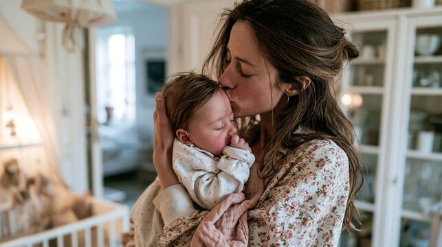 Mother kissing her newborn baby on the forehead tenderly