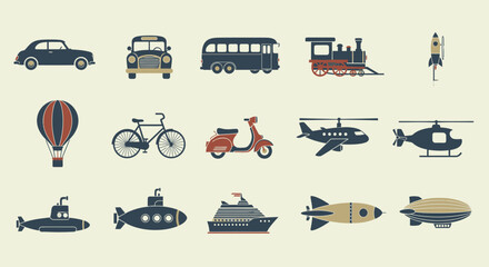 Retro silhouette icons of historical and modern transport modes. © asd