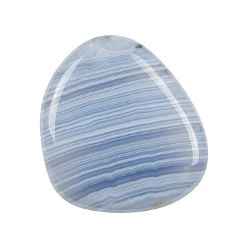 Polished blue banded agate gemstone pebble isolated on transparent background with intricate white light