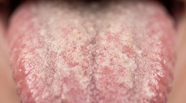 Close-up of human tongue with oral thrush candidiasis infection
