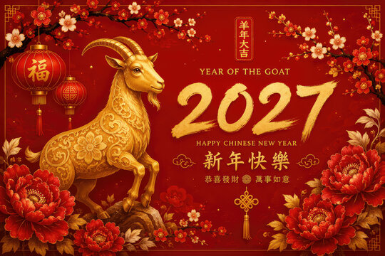 Chinese New Year 2027 Year of the Goat with Golden Zodiac Animal
