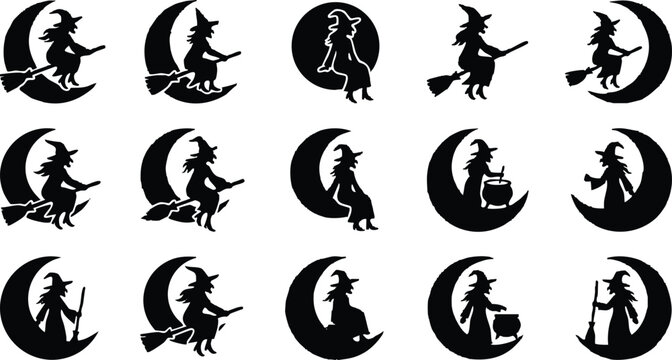 Set of black silhouettes of witches sitting or flying on a crescent moon with broomsticks and cauldrons isolated on a white background